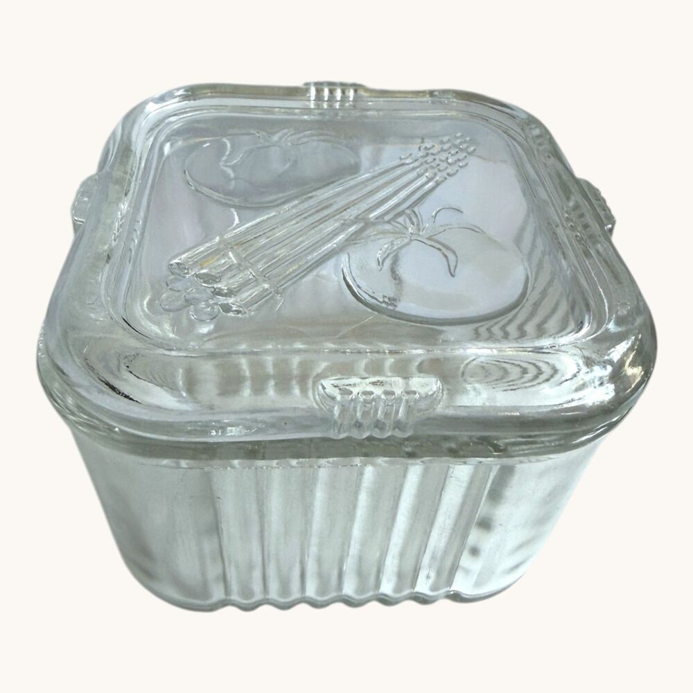 Federal Glass Clear Refrigerator Dish Ribbed 2 Tomatoes Vegetable on Lid 4in
